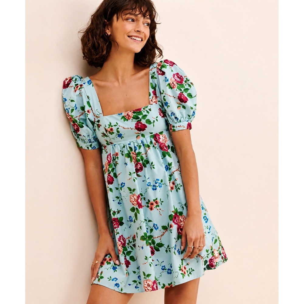 Laura Ashley & Urban Outfitters‎ XL Mini Dress Blue Floral Puff Sleeve Cottage